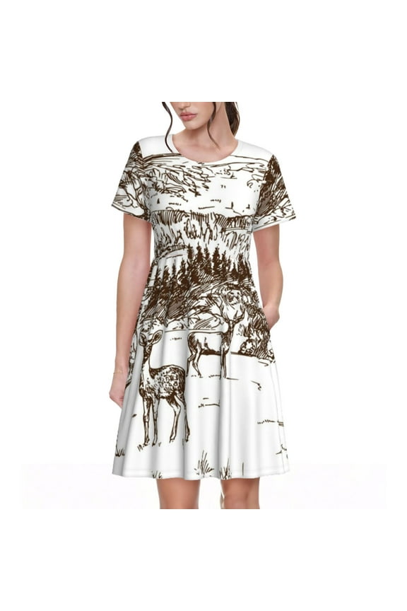 Woodland Forest With Deers Pattern Women's Short Sleeve Summer Dress Pleated Loose Swing Knee Length Short Sleeve Swing Dresses
