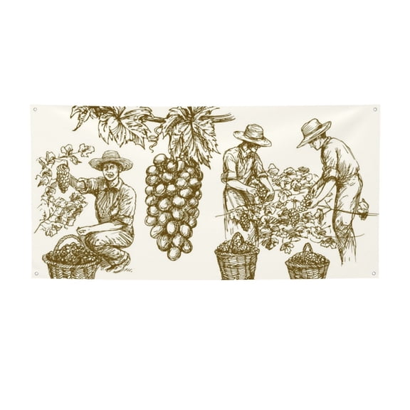 Picia Workers Cutting Grapes From Vineyard Pattern Party Banner, Festive Decoration, Holiday Banner, Celebration Decor, Event Banner, Reusable Party Banner-Medium