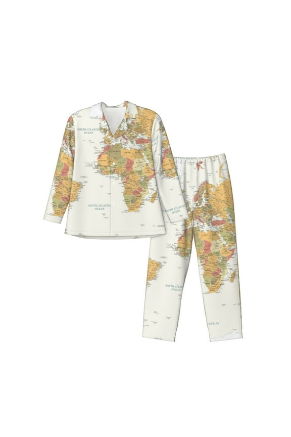 World Map 1 Pattern Men’s Long-Sleeve Sleepwear Set - Soft 2-Piece Loungewear with Pockets, Comfy PJs for Relaxing Nights-Small