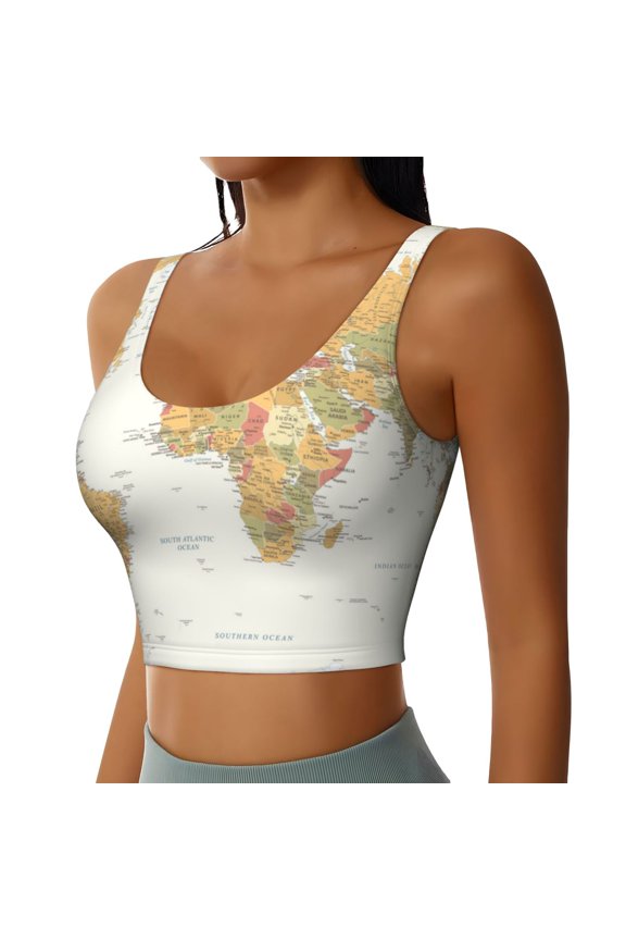 World Map 1 Sports Bra for Women,Padded Strappy Sports Bras Medium Support Yoga Bra with Removable Cups,Running Yoga Bra-X-Large