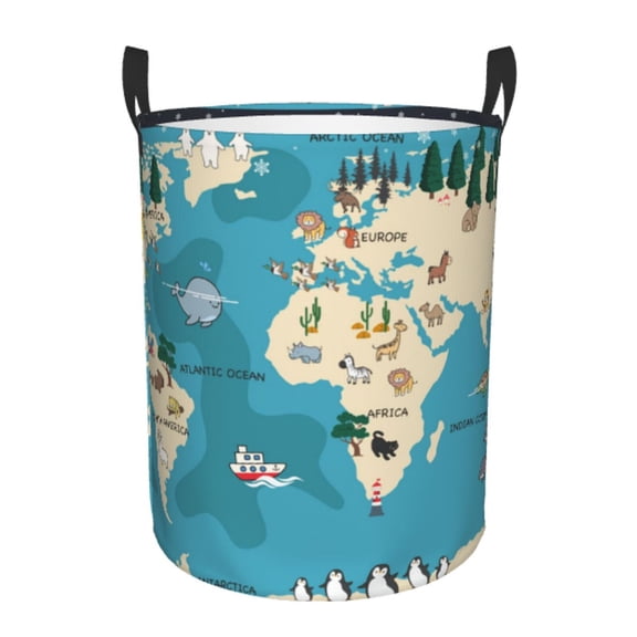 Picia World Map With Animal Pattern Large Laundry Basket, Waterproof, Freestanding Laundry Hamper, Collapsible Tall Clothes Hamper with Extended Handles-Medium