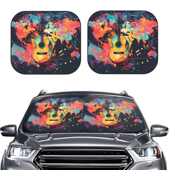 Picia World Map Guitar Illustration 2 Piece Car Windshield Sun Shade Foldable | Foldable Sun Shield for Front Window Blocks UV Rays and Keeps Your Vehicle Cool-Medium