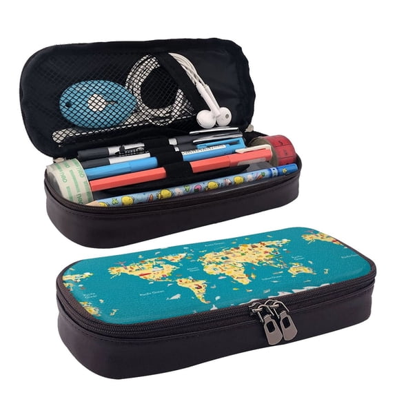 Picia World Map With Landmarks Pattern Large Capacity PU Leather Pencil Case Organizer Pen Marker Holder Double Zipper Storage Bag Big Pencil Pouch for College Office