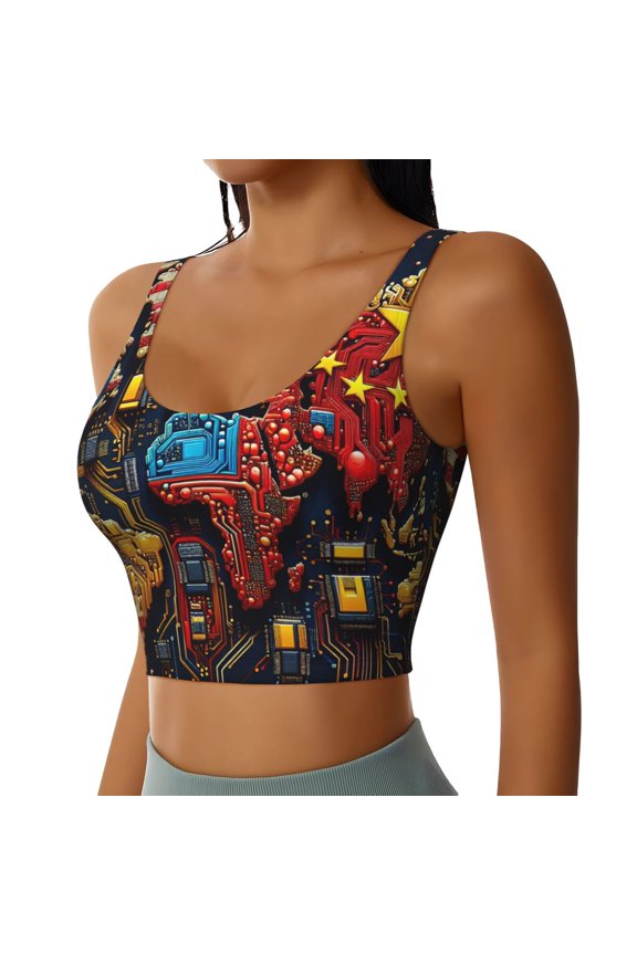 World Map Of Digital Circuits Sports Bra for Women,Padded Strappy Sports Bras Medium Support Yoga Bra with Removable Cups,Running Yoga Bra-XX-Large