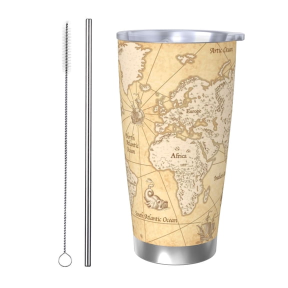 Picia World Map Pattern 20 oz Tumbler Stainless Steel Vacuum Insulated Coffee Ice Cup Double Wall Travel Flask Dual Lid Water Bottle, Eco-friendly Car Cup