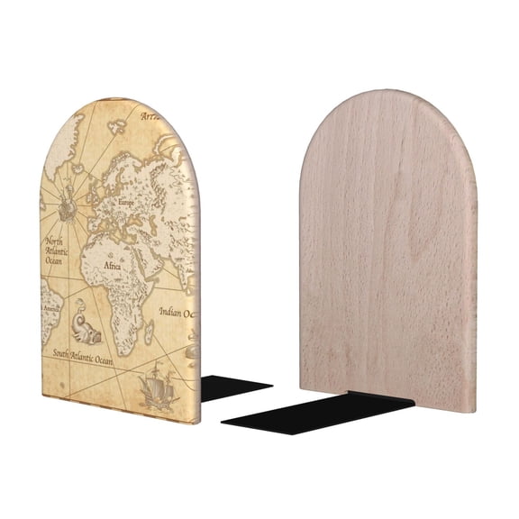 Picia World Map Pattern Wood Bookends for Shelves,Non-slip Bookends, Heavy Duty Wooden Bookend Support,1 Pair