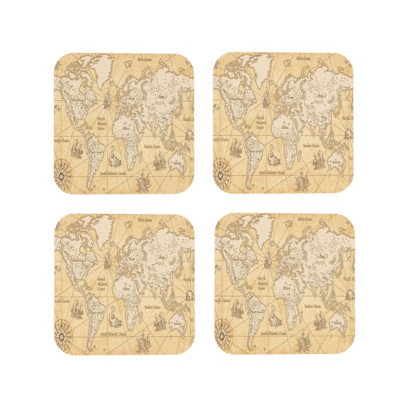 Picia World Map Printed Leather Coasters for Drinks, 4" Drink Coasters Set of 4 for Tabletop Protection, Handmade Luxurious Home Décor and Housewarming Gift -Square