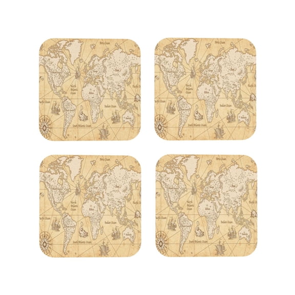 Picia World Map Printed Leather Coasters for Drinks, 4" Drink Coasters Set of 4 for Tabletop Protection, Handmade Luxurious Home Décor and Housewarming Gift -Square