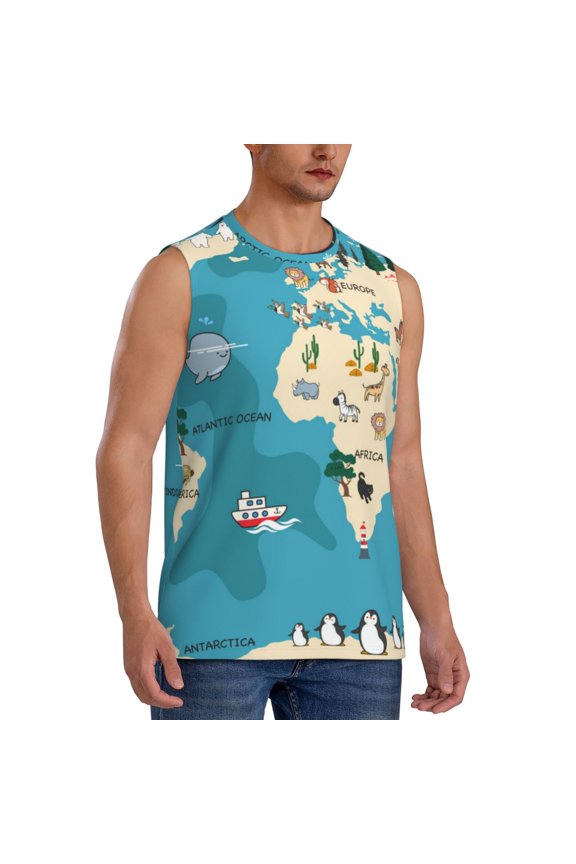 World Map With Animal mens Cotton Tank Undershirts , Moisture-wicking Ribbed Tanks, Lightweight Cotton Tank Undershirts-Small