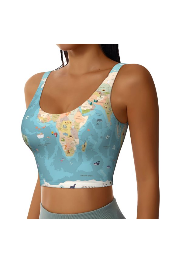 World Map With Animals 1 Sports Bra for Women,Padded Strappy Sports Bras Medium Support Yoga Bra with Removable Cups,Running Yoga Bra-Medium