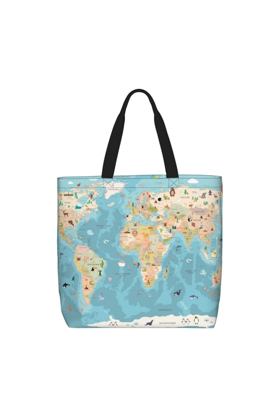 World Map With Animals 1 for Tote Bag for Women with Zipper, Gym Tote with Compartments, Laptop Work Tote Nurse Dance Yoga Bag for Sport, Travel