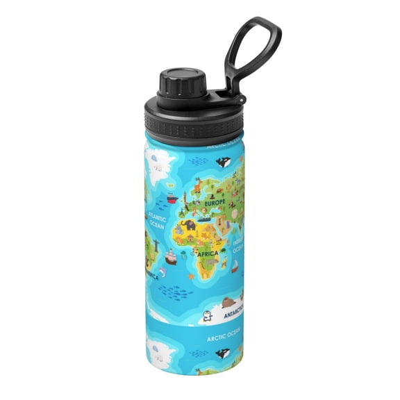 Picia World Map With Animals Landmarks Pattern Water Bottle 18 oz Stainless Steel Insulated Bottles With Handle Leak Proof Gym Sport Water Jug BPA-free insulated kettle For Men Women Adults
