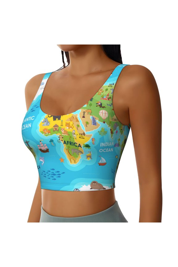 World Map With Animals Landmarks Sports Bra for Women,Padded Strappy Sports Bras Medium Support Yoga Bra with Removable Cups,Running Yoga Bra-Large