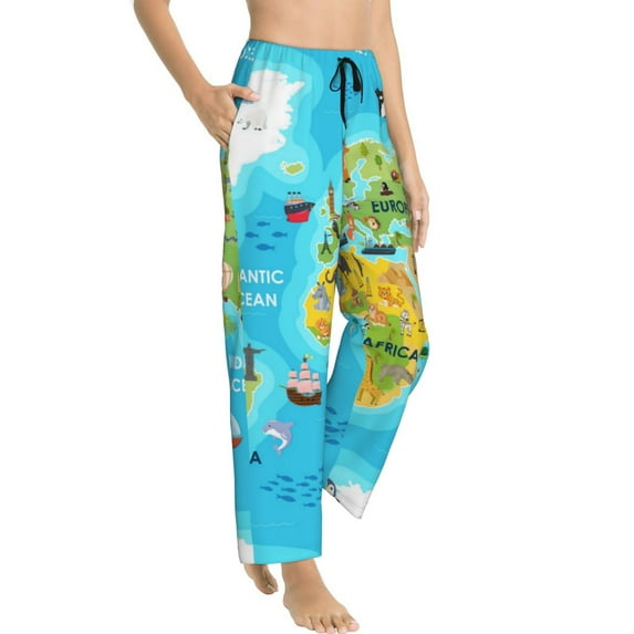 Picia World Map With Animals Landmarks Womens Soft Woven Cotton Elastic Waistband Sleep Pajama Pant Lounge Sleep Pant With Pockets And Drawstring-Medium