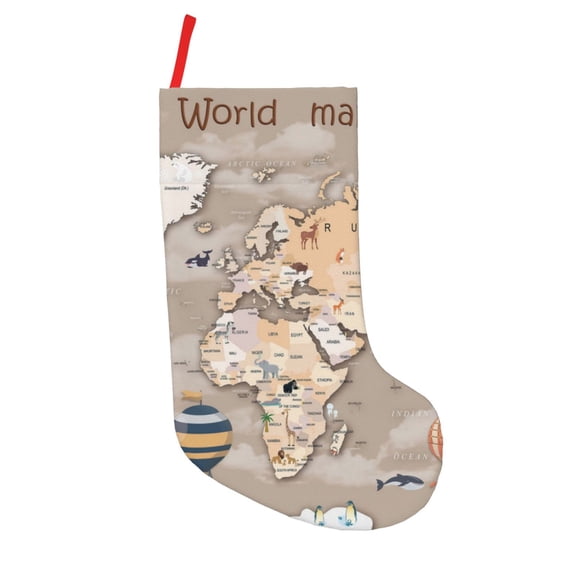 Picia World Map With Animals for 18in Christmas Stockings, Xmas Stocking for Kids, Holiday and Family Stocking for Fireplace or Party Decoration
