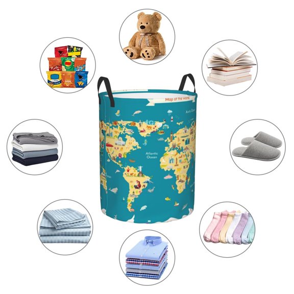 Picia World Map With Landmarks Large Laundry Basket, Waterproof, Freestanding Laundry Hamper, Collapsible Tall Clothes Hamper with Extended Handles-Medium