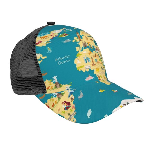 Picia World Map With Landmarks Pattern Trucker Hat,Baseball Cap,Sun Protection Cap,Stylish Headwear,Leisure Cap,Outdoor Sports Cap
