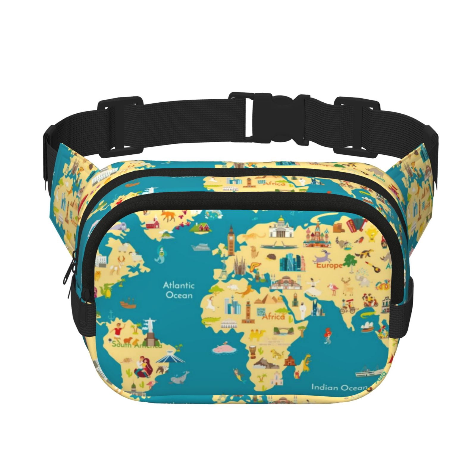 Picia World Map With Landmarks Print Square Double-Layer Waist Bag Mini Adjustable Waist Belt Bag Exercise Running Travel Hiking