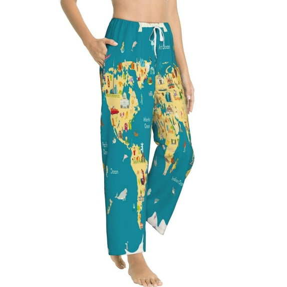 Picia World Map With Landmarks Womens Soft Woven Cotton Elastic Waistband Sleep Pajama Pant Lounge Sleep Pant With Pockets And Drawstring-X-Large