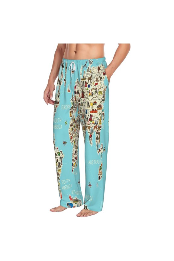 World Travel Line Icons Map Mens Soft Woven Cotton Elastic Waistband Sleep Pajama Pant Lounge Sleep Pant With Pockets And Drawstring-Small