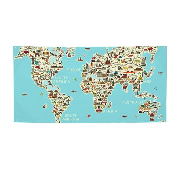 Picia World Travel Line Icons Map Pattern Party Banner, Festive Decoration, Holiday Banner, Celebration Decor, Event Banner, Reusable Party Banner-Small