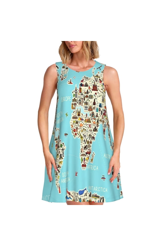 World Travel Line Icons Map Print Women’s Sleeveless Midi Swing Dress – A-Line Pleated Tank Sundress, Comfortable and Flowy T-Shirt Dress