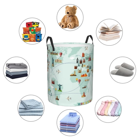 Picia World Travel Map Large Laundry Basket, Waterproof, Freestanding Laundry Hamper, Collapsible Tall Clothes Hamper with Extended Handles-Medium