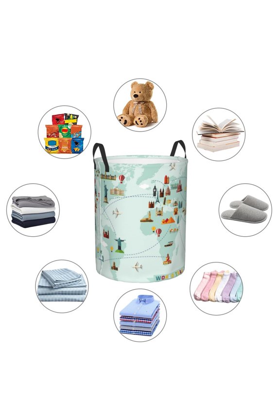 World Travel Map Large Laundry Basket, Waterproof, Freestanding Laundry Hamper, Collapsible Tall Clothes Hamper with Extended Handles-Medium