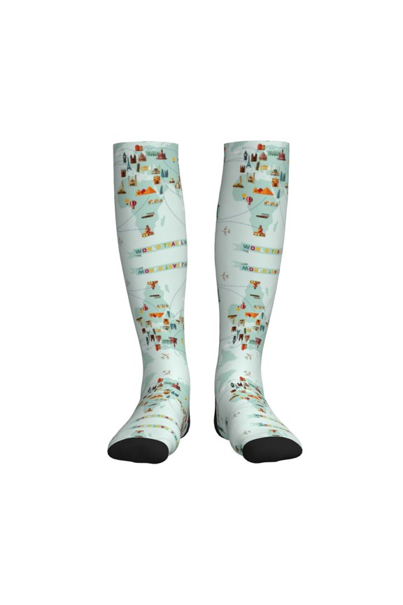 World Travel Map Printed Sports Compression Socks - 15-20mmHg Graduated Compression, High-Performance Soft and Breathable Socks for Men and Women
