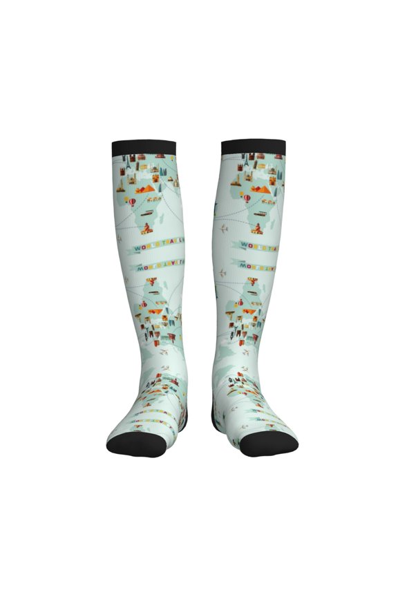 World Travel Map Printed Sports Compression Socks - 15-20mmHg Graduated Compression, High-Performance Soft and Breathable Socks for Men and Women