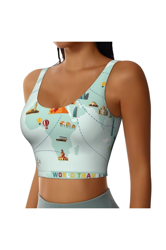 World Travel Map Sports Bra for Women,Padded Strappy Sports Bras Medium Support Yoga Bra with Removable Cups,Running Yoga Bra-Large