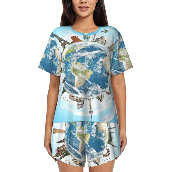 Picia World Travel Pajamas Sets for Women Soft Short-Sleeved Pjs with Lounge Shorts Two Piece Sleepwear-3X-Large