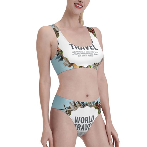Picia World Travel Women's High Waisted Bikini Scoop Neck Swimsuit Two Pieces Bathing Suit-X-Large