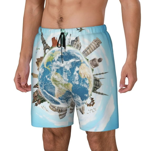 Picia World Travel pattern Mens Swim Trunks with Compression Liner Stretch Beach Shorts Quick Dry with Zipper Pockets No-Chafing Board Shorts-Large