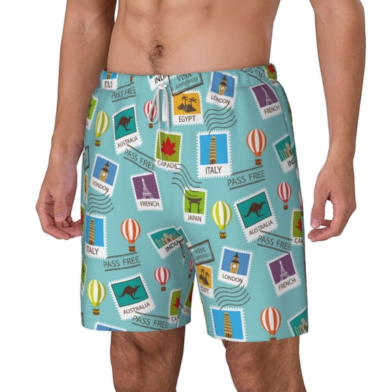 Picia World Travel1 pattern Mens Swim Trunks with Compression Liner Stretch Beach Shorts Quick Dry with Zipper Pockets No-Chafing Board Shorts-Medium