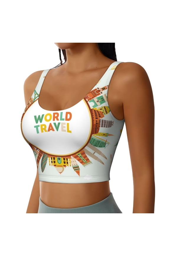 World Travel3 Sports Bra for Women,Padded Strappy Sports Bras Medium Support Yoga Bra with Removable Cups,Running Yoga Bra-