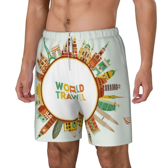 Picia World Travel3 pattern Mens Swim Trunks with Compression Liner Stretch Beach Shorts Quick Dry with Zipper Pockets No-Chafing Board Shorts-Small