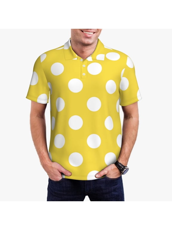Yellow And White Polka Dot Print Men's Polo Shirt, Two-Button Closure Pique Polo Shirt, Summer Fashion Golf Shirt-4X-Large