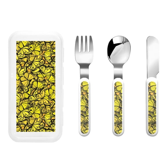 Picia Yellow Butterflies Print Children's Knife, Fork And Spoon Set - Kids Knife Fork Spoon - Stainless Steel Kids Silverware Set - Metal Kids Cutlery Set