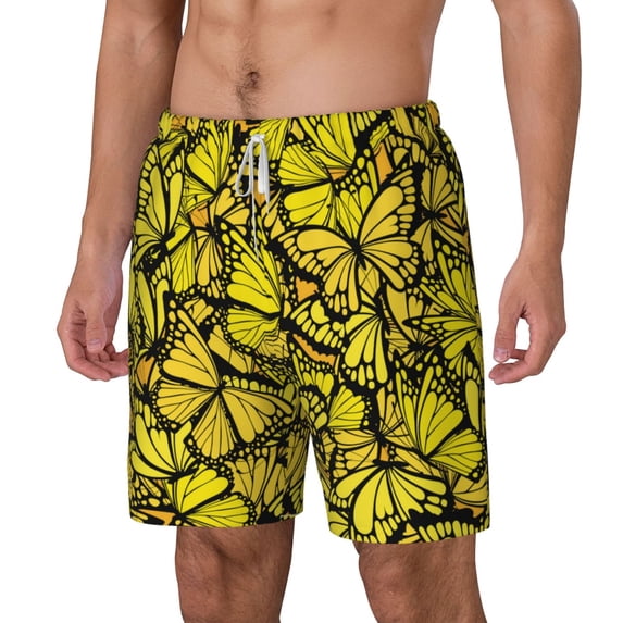 Picia Yellow Butterflies pattern Mens Swim Trunks with Compression Liner Stretch Beach Shorts Quick Dry with Zipper Pockets No-Chafing Board Shorts-3X-Large