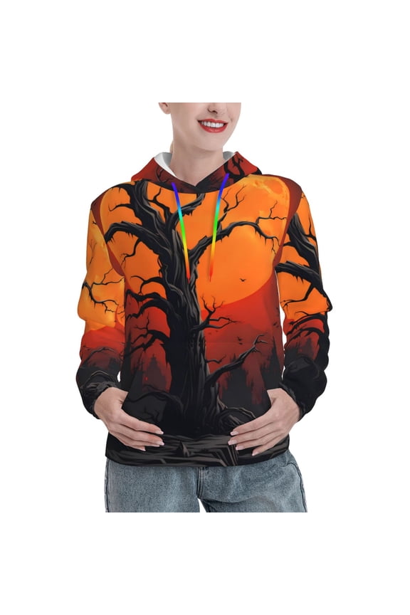Yellow Castle Sunset Tree Pattern Casual Women's Hoodie, Hooded Sweatshirt with Kangaroo Pocket, Comfortable Pullover with Eye-catching Drawstrings-Medium
