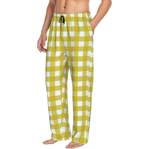 Picia Yellow Checkboard Mens Soft Woven Cotton Elastic Waistband Sleep Pajama Pant Lounge Sleep Pant With Pockets And Drawstring-Large