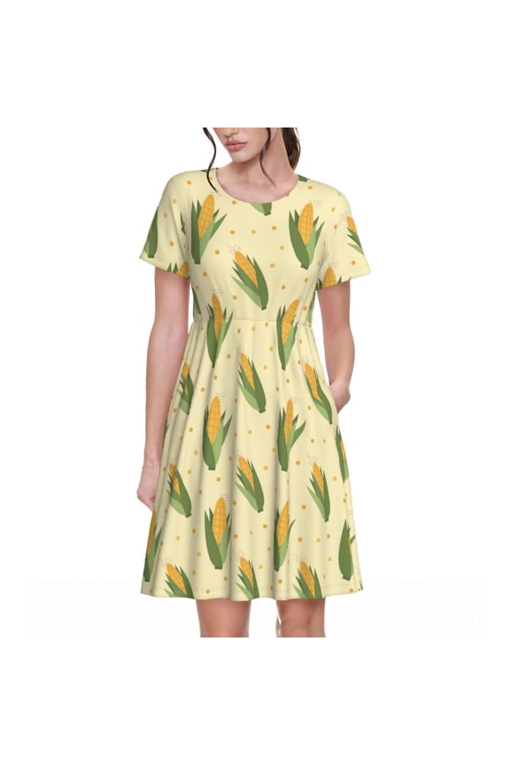 Yellow Corn Pattern Women's Short Sleeve Summer Dress Pleated Loose Swing Knee Length Short Sleeve Swing Dresses