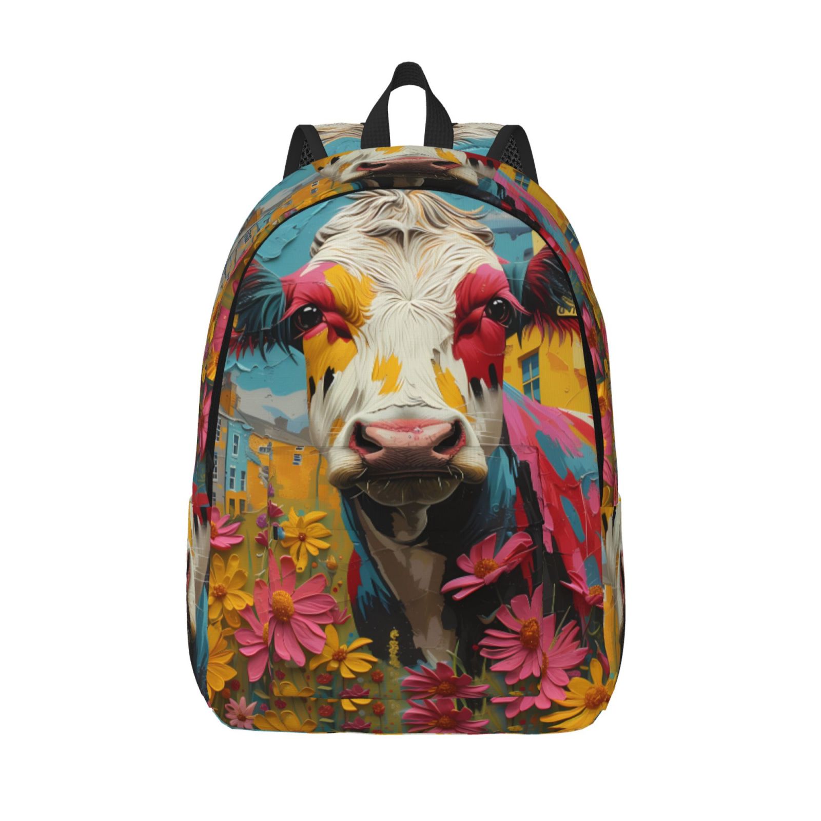 Picia Yellow Daisy Cow Printed Canvas Daypack - Stylish and Durable Vintage Compact Backpack - Class, Work, Travel, or Laptop Bookbag,Organized Compartments-Small