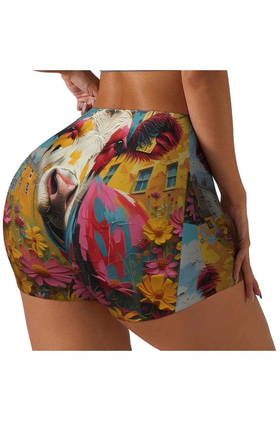 Yellow Daisy Cow Printed Workout Shorts for Women Seamless Scrunch Butt Lifting High Waisted Yoga Gym Booty Running Moisture-wicking Short Pants-Large