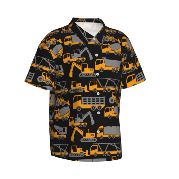 Picia Yellow Excavator Gentle Cotton Regular Fit Short Sleeve Casual Hawaiian Shirt for Men-Large