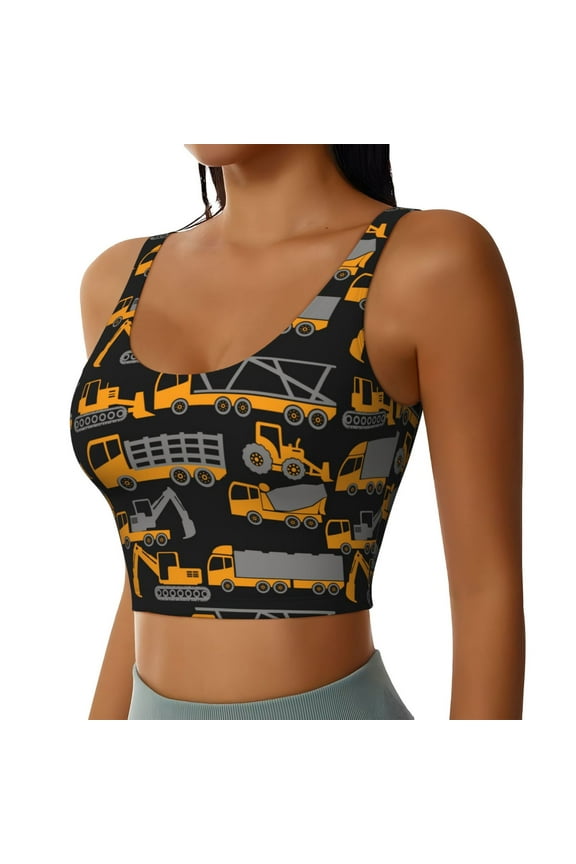 Yellow Excavator Sports Bra for Women,Padded Strappy Sports Bras Medium Support Yoga Bra with Removable Cups,Running Yoga Bra-Large