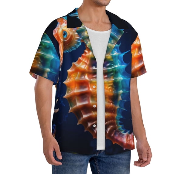 Picia Yellow Fish Seahorse Men's Linen Shirts Short Sleeve Cuban Beach Shirts Casual Shirts Button Down Shirt for Men Beach Summer Wedding Shirt-Small