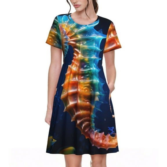 Picia Yellow Fish Seahorse Pattern Women's Short Sleeve Summer Dress Pleated Loose Swing Knee Length Short Sleeve Swing Dresses