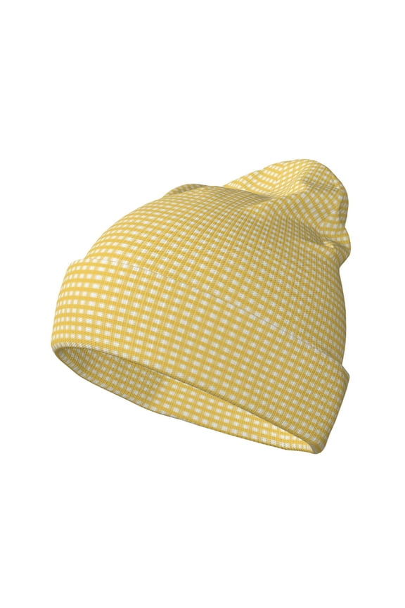 Yellow Gingham Pattern Knitted Beanie Hat for Men and Women , Unisex Winter Warm Stretchy Knit Cap Thick Fisherman Beanies Cuffed Plain Skull Caps